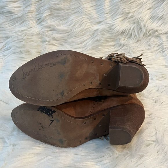 Sam Edelman Louie Fringe Heeled Ankle Boots Booties Size 8 in Soft Saddle Color - Picture 6 of 6